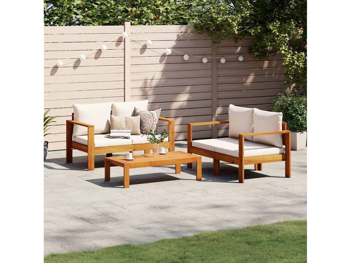 Vidaxl 3 Pcs Conjunto De Sofás De Jardim Com Almofadões Acácia Maciça