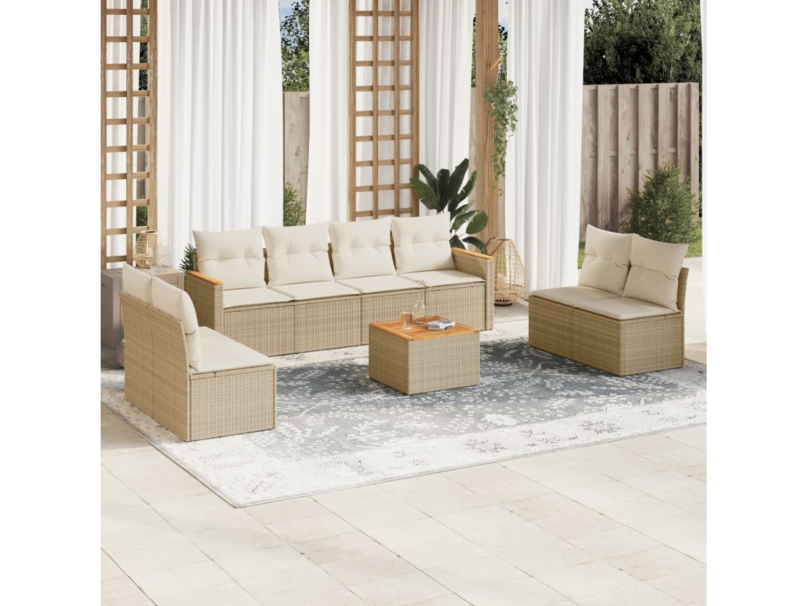 Vidaxl 9 Pcs Conjunto De Sofás P/ Jardim Com Almofadões Vime Pe Bege