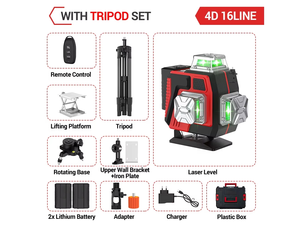 Nível a laser giratório 360° 16 linhas, tripé + bolsa, autônivel para construções AQUAFORGE