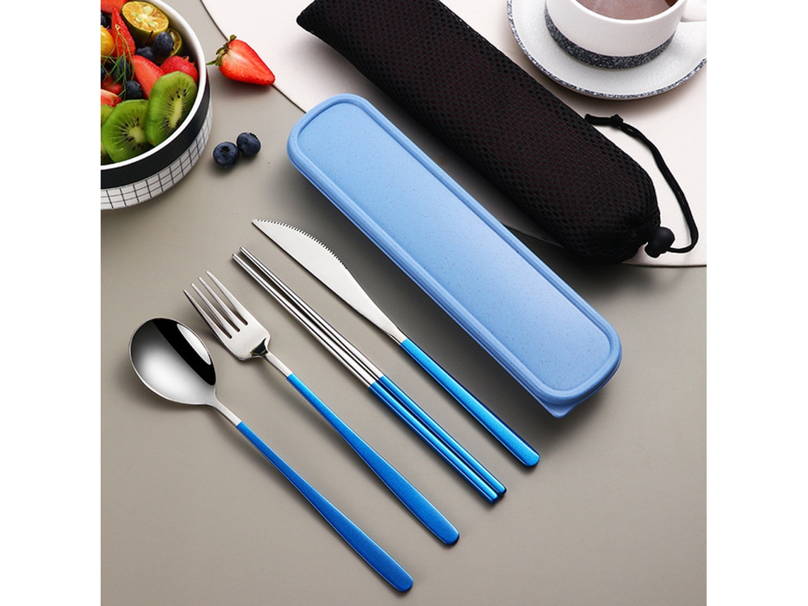 Conjunto De Talheres Portátil Em Aço Inoxidável 304 (azul/prateado), Inclui Faca, Garfo, Colher E Caixa De Armazenamento.