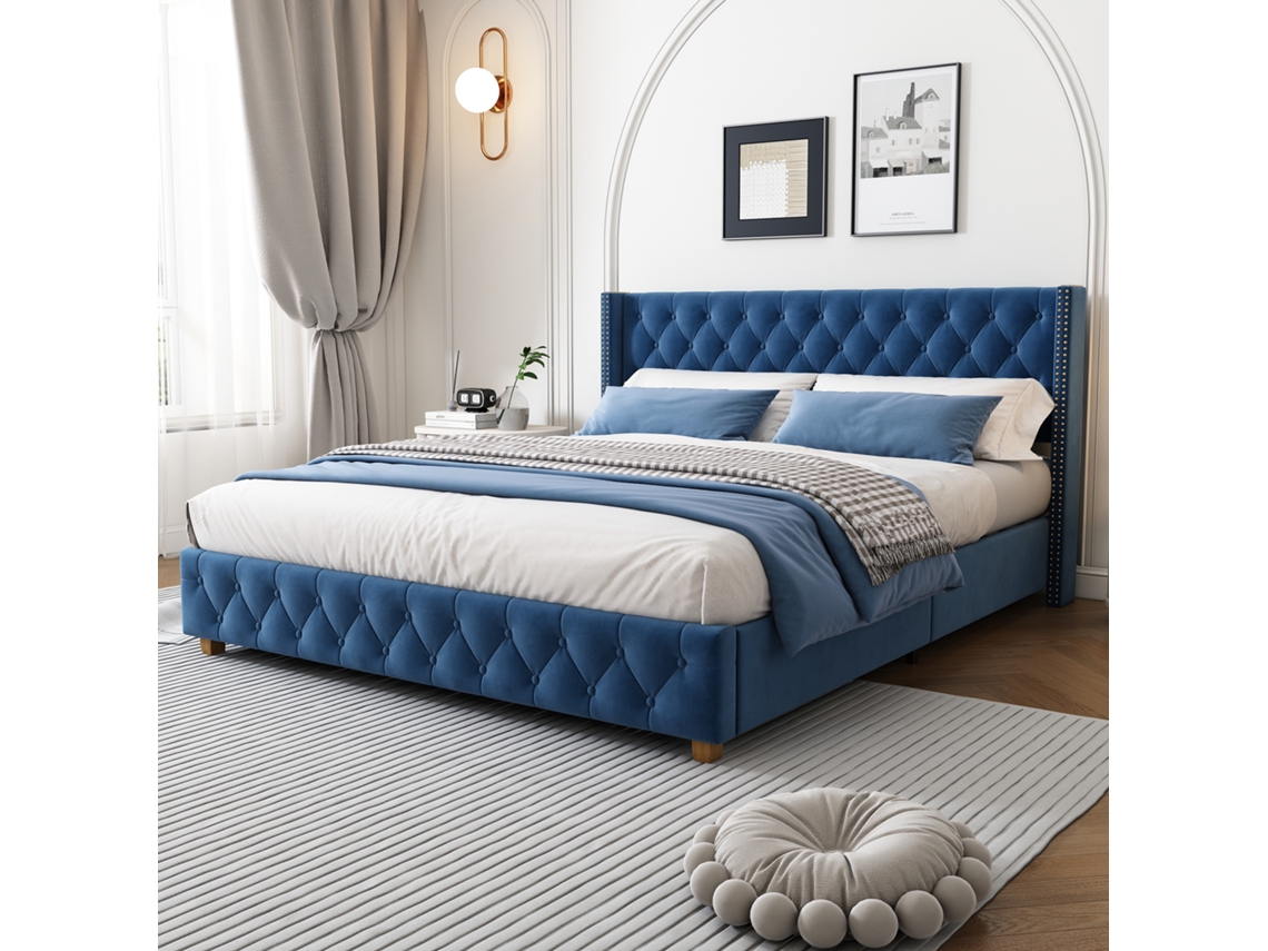 Cama Box 160x200cm Com Estrado, Cabeceira, Botões, Tachas, Pés De Madeira, Veludo Azul.