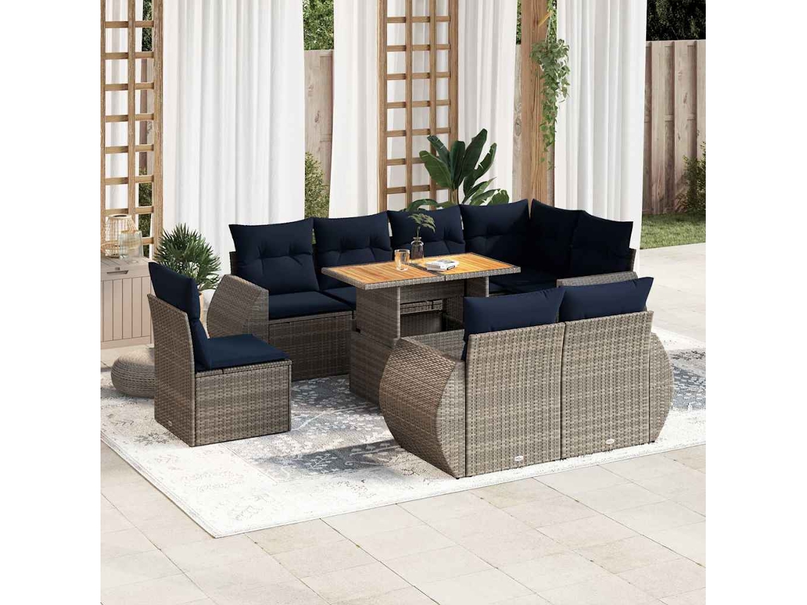 Vidaxl 9 Pcs Conjunto Sofás P/ Jardim Com Almofadões Vime Pe Cinzento