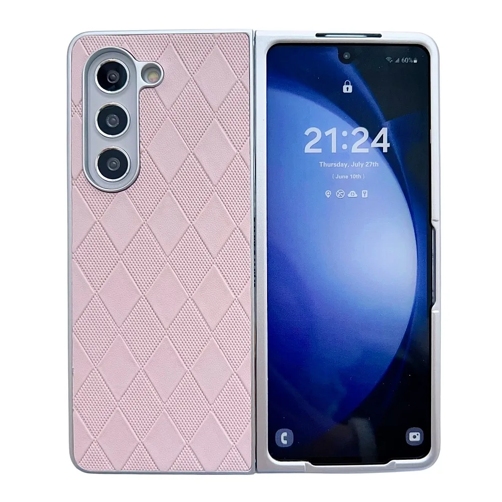(rosa, Galaxy Z Fold6) Capa Protetora Em Couro Pu, Padrão De Malha Em Diamante, Capa Protetora À Prova De Quedas.