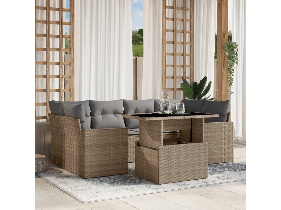 7 Pcs Conjunto De Sofás P/ Jardim Com Almofadões Vime Pe Bege Dkd Home Decor