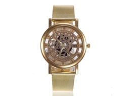 Relógio de pulso em liga metálica com pulseira de malha, mostrador redondo, numerais romanos, CMK (dourado)