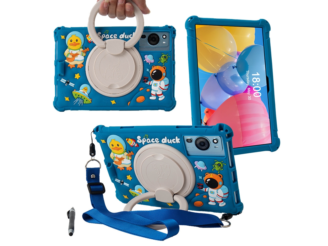 Capa Para Tablet Tcl Tab 10s, 10.1 Polegadas, Silicone Com Desenhos Cartoon, Inclui Alça De Ombro E Caneta Czhhmart Azul