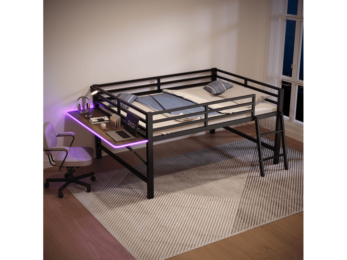 Cama Plana Metal 140x200 Grade Proteção Escada Escrivaninha Led Preta