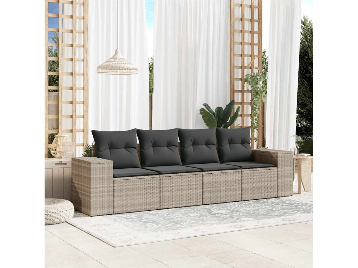 Vidaxl 4 Pcs Conj. Sofás Jardim C/ Almofadões Vime Pe Cinzento-claro