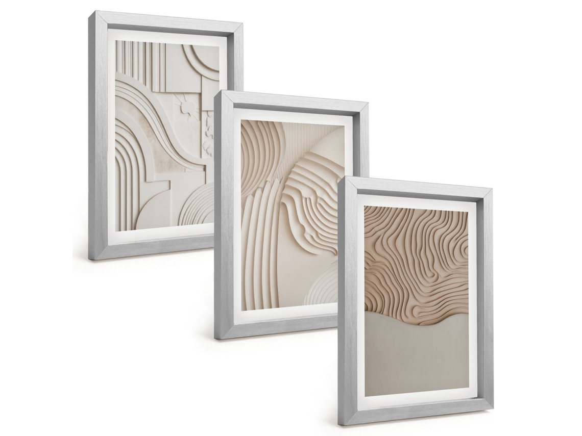 Composição De Quadros Padrões Abstratos Em Bege E Branco Espelharte (3 Peças 20x30 Cm)