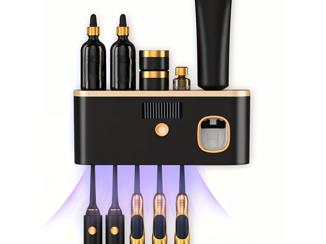 Dispensador Pasta Dentes Parede 5 Compartimentos Preto Dourado Banheiro