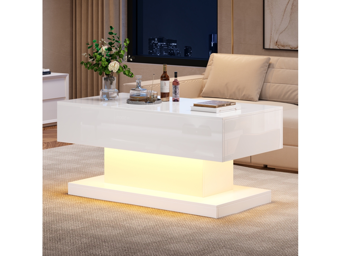 Mesa de centro brilhante e elevável com iluminação LED 100x50x45 cm da PAPRIKA, design hidráulico deslizante prático e moderno, branca. Armazenamento