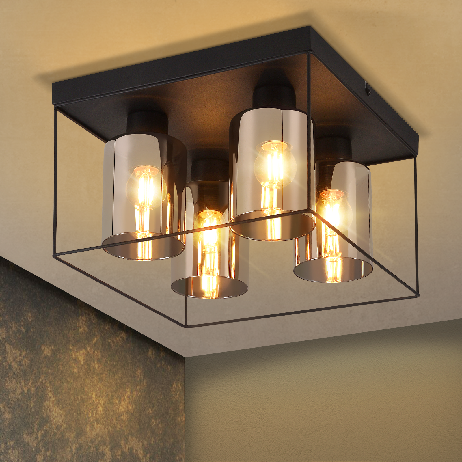 Nettlife Candeeiro De Teto Led Sala De Estar Vidro Com 4 Luzesâmpadas E27 Vintage Preto Estilo Industrial Metal Retro, 25 W, 20,5 Cm