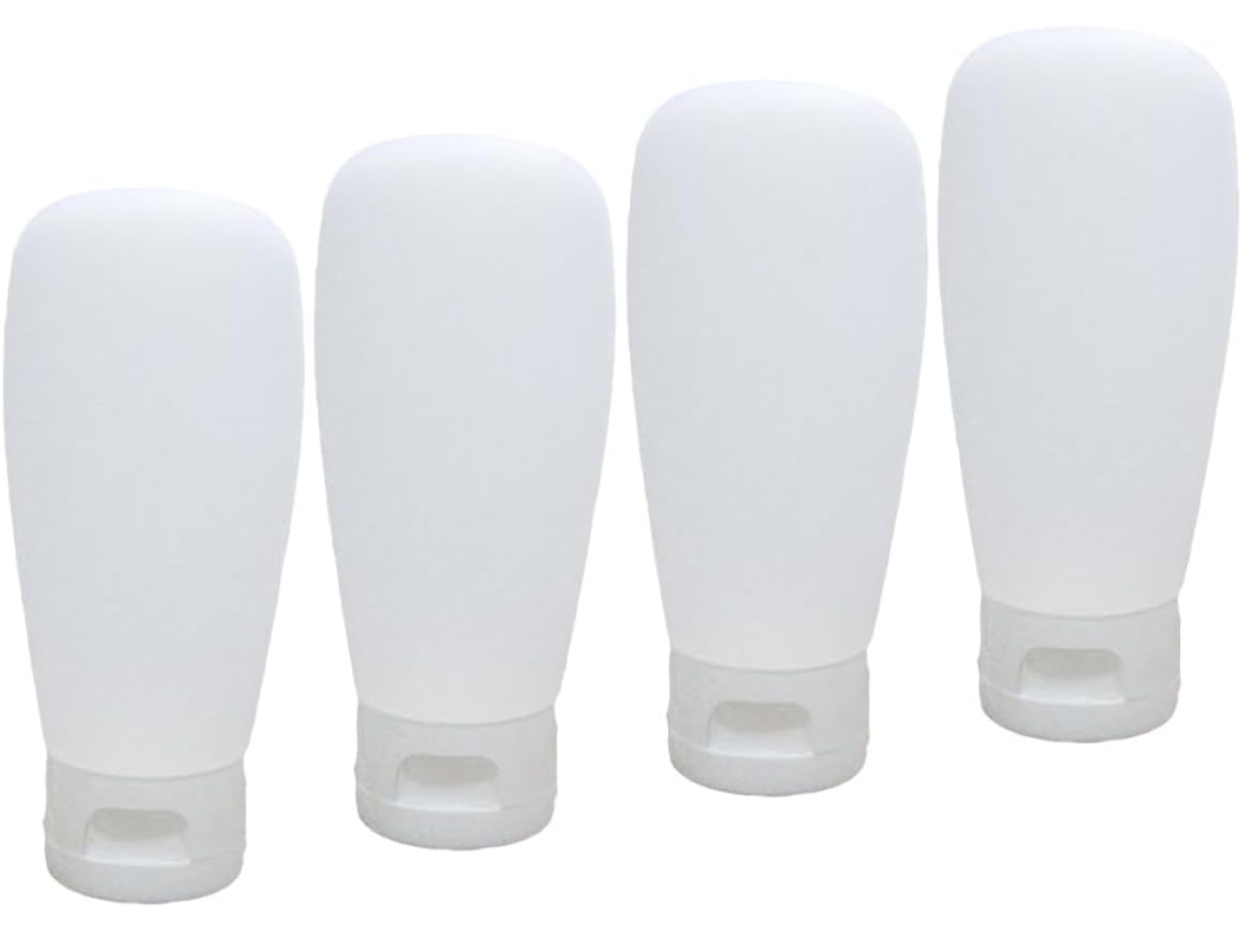 Conjunto de 4 potes cosméticos reutilizados de 60ml em PP branco com tampa flip-top.