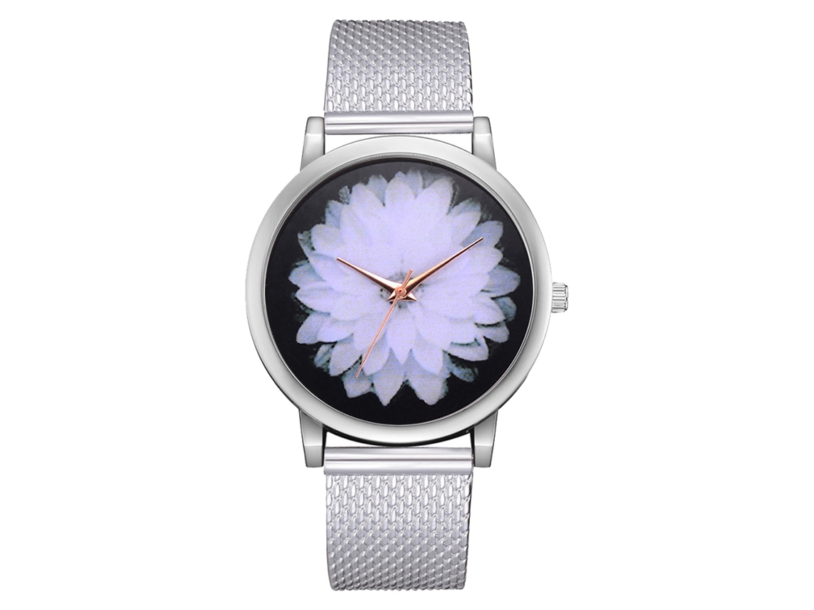 Relógio feminino de quartzo com pulseira de malha e mostrador redondo com estampa floral prateada.