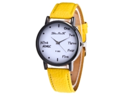 Relógio de pulso de quartzo para estudantes, esportivo, mostrador redondo amarelo.