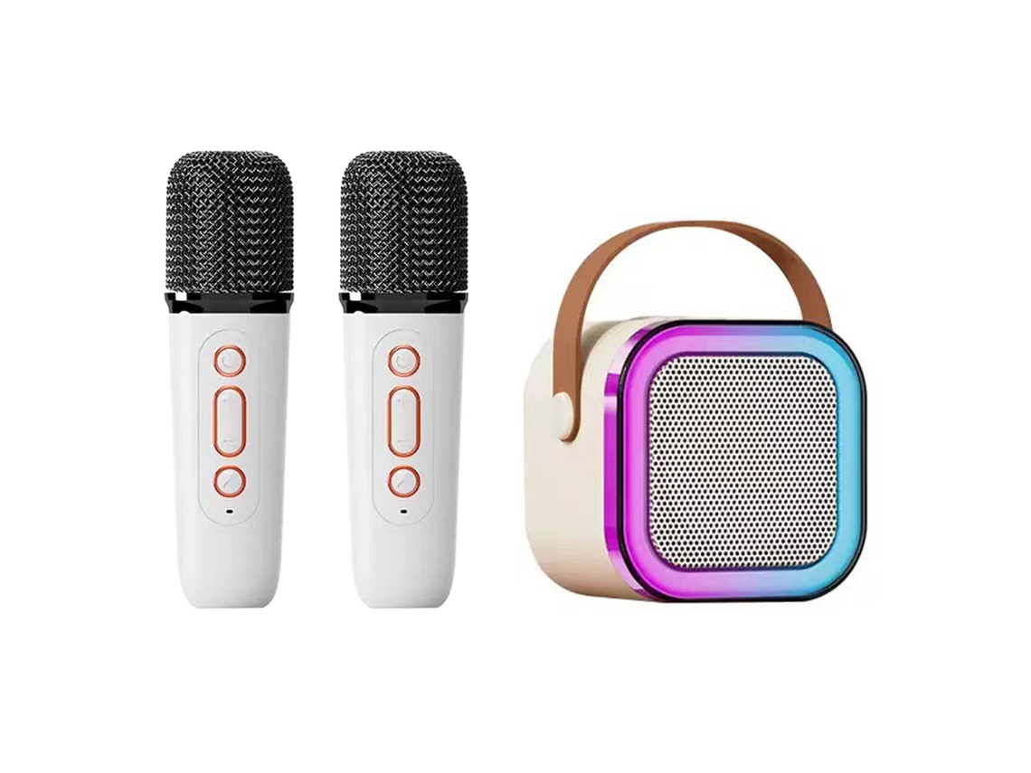 Máquina de Karaokê Portátil com 2 Microfones Sem Fio Efeitos de Luz e Bluetooth Branco