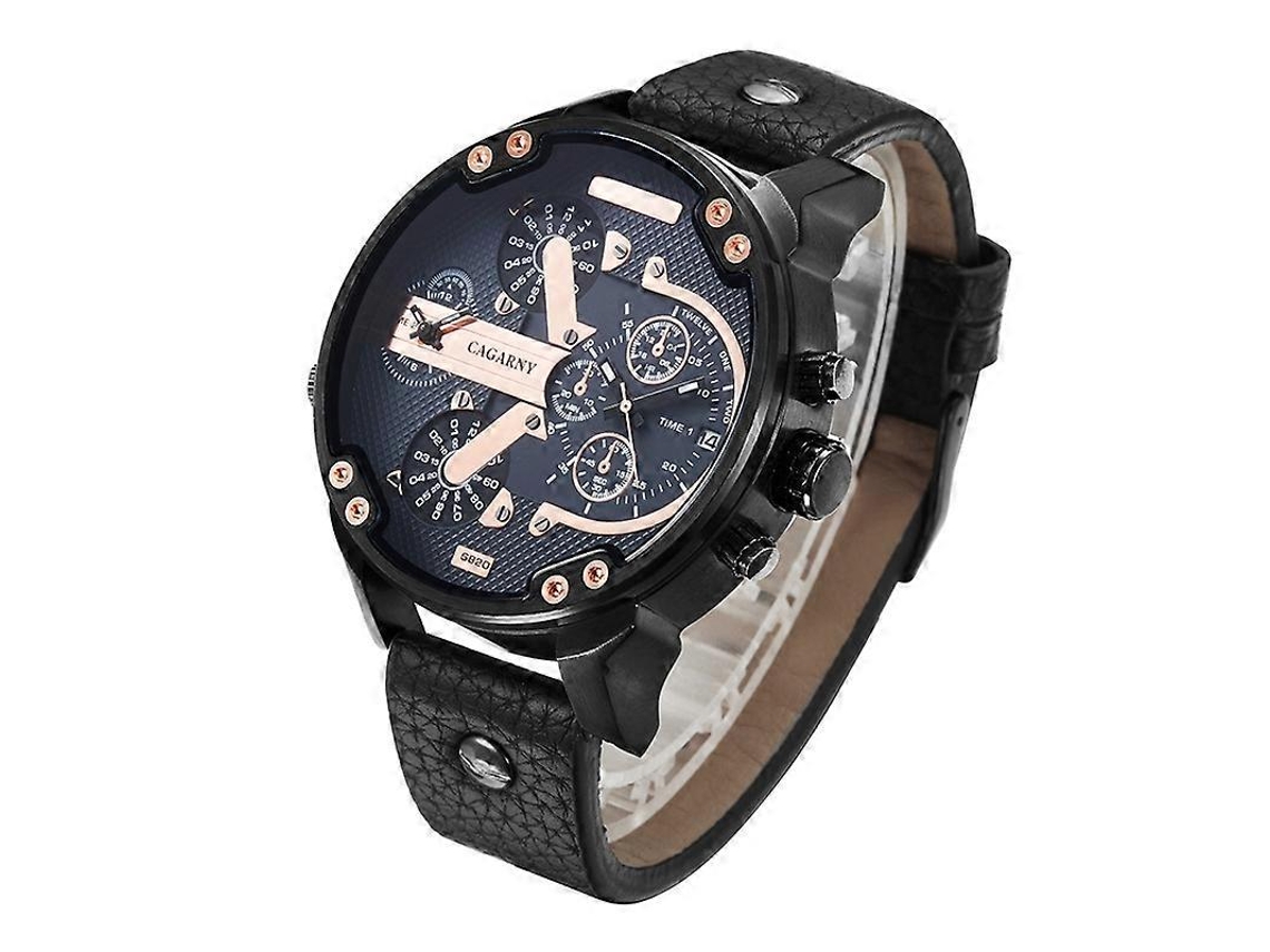 Relógio Masculino Cagarny 6820 Com Mostrador Redondo Grande, Pulseira De Couro E Movimento Duplo De Quartzo.