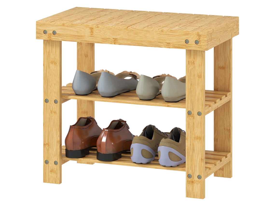 Banco Sapateira De Bambu Organizador De Com 2 Prateleiras Para 4 Pares De 50x28x45 Cm Madeira