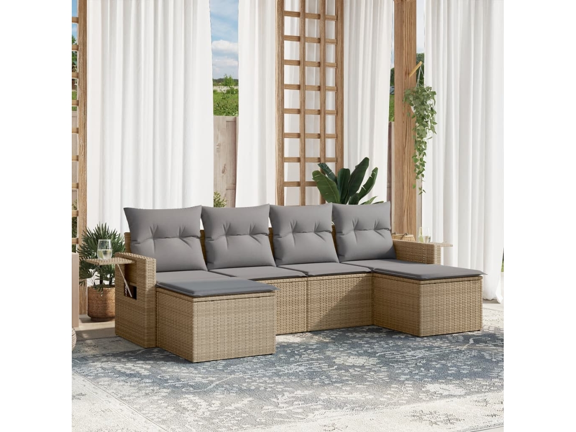 6 Pcs Conjunto De Sofás P/ Jardim Com Almofadões Vime Pe Bege Dkd Home Decor