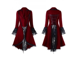 Rebe - Vestido feminino gótico punk de renda com decote em S Vinho Tinto
