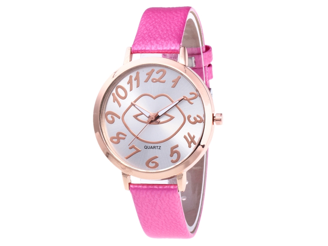 Relógio de Pulso Feminino de Quartzo com Pulseira Pu Estilo Moderno Elegante Rosa Vermelho