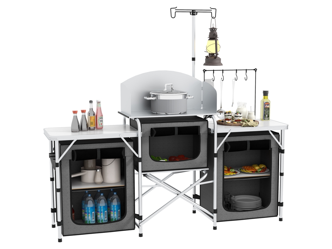 Cozinha De Camping Dobrável De 3 Níveis Com 5 Prateleiras Internas E 4 Ganchos, 172x48x130 Cm, Cinza E Prata