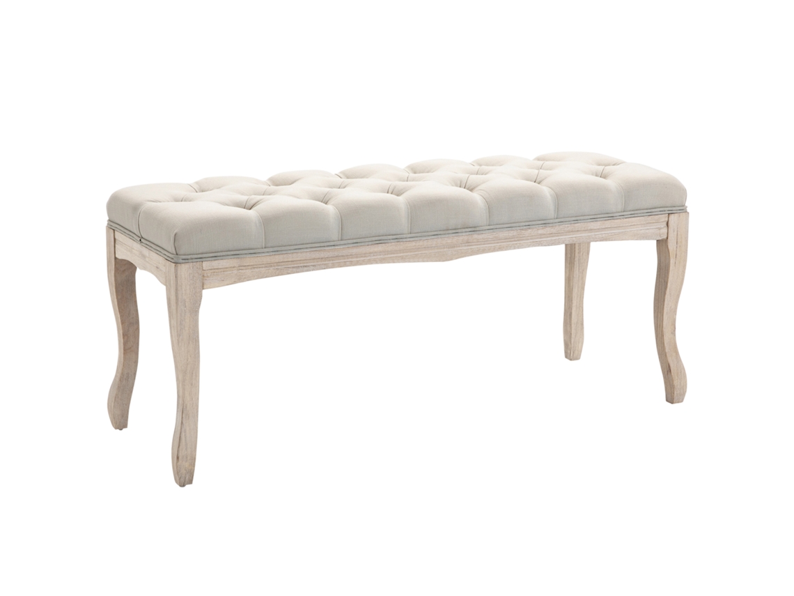 Banco de Cama Vintage com Assento Estofado de Tecido e Pernas de Madeira. 110x40x48cm. Bege Ge