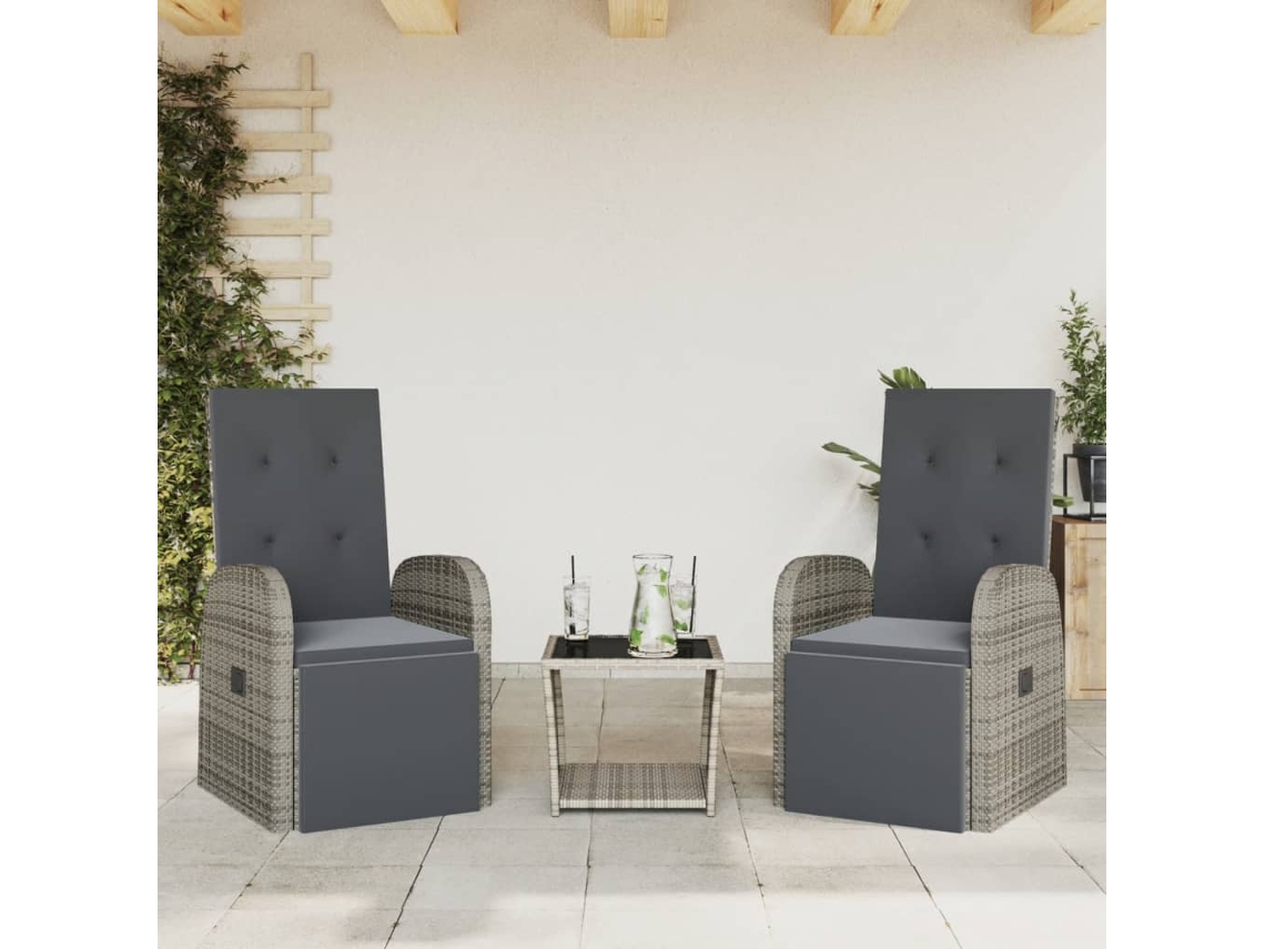Vidaxl 3 Pcs Conjunto De Jantar P/ Jardim C/ Almofadões Vime Pe Cinza