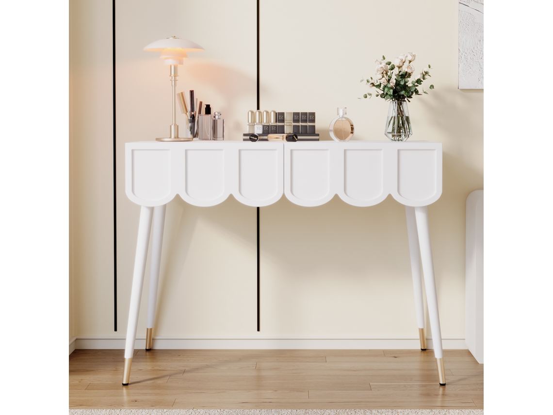 Conjunto Moderno Branco: Cômoda Com 6 Gavetas E Detalhes Dourados + Espelho Quadrado 80x106 Cm. Ideal Para Hall, Quarto E Sala.