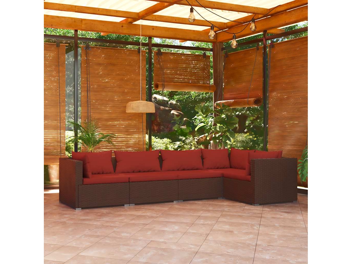 Conjunto 5 Peças Lounge Jardim C/ Almofadões Vime Pe Marrom Dkd Home Decor