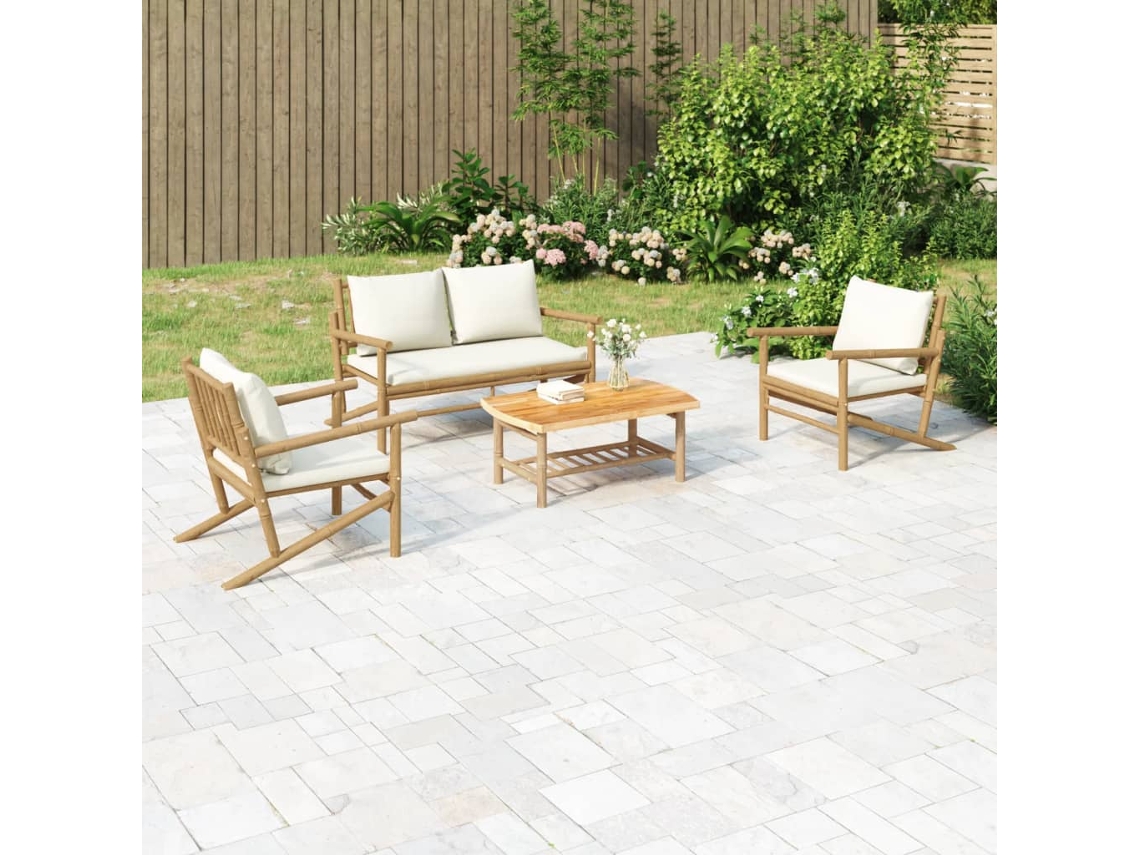 Pcs Conjunto Lounge De Jardim Bambu C/ Almofadões Branco Nata Dkd Home Decor