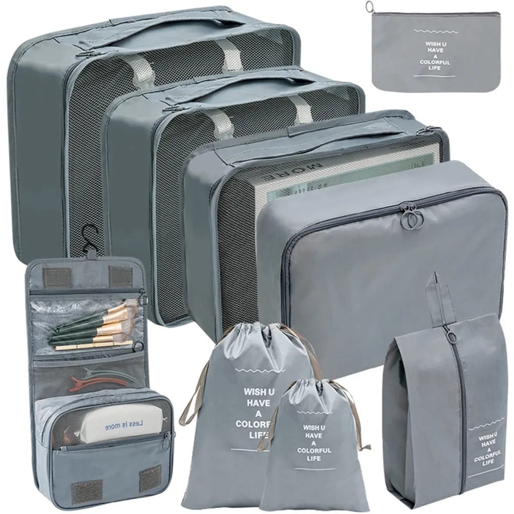 Conjunto De 9 Peças De Organizadores De Viagem, Bolsas Dobráveis Para Roupas, Bolsa Organizadora Impermeável, Bolsa Para Sapatos, Cinza No 1