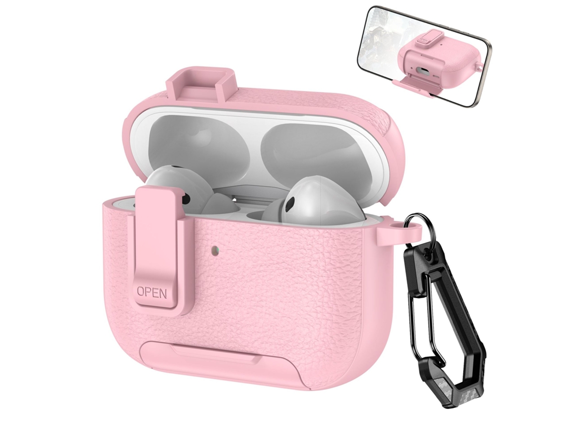 Capa de Couro Vegano para Airpods Pro 2, com Mosquetão, compatível com Carregamento Sem Fio, Rosa