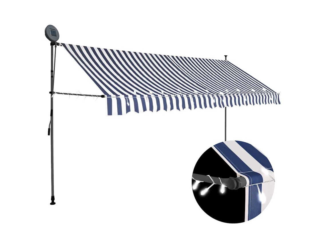 Vidaxl Toldo Retrátil Manual Com Led 350 Cm Azul E Branco