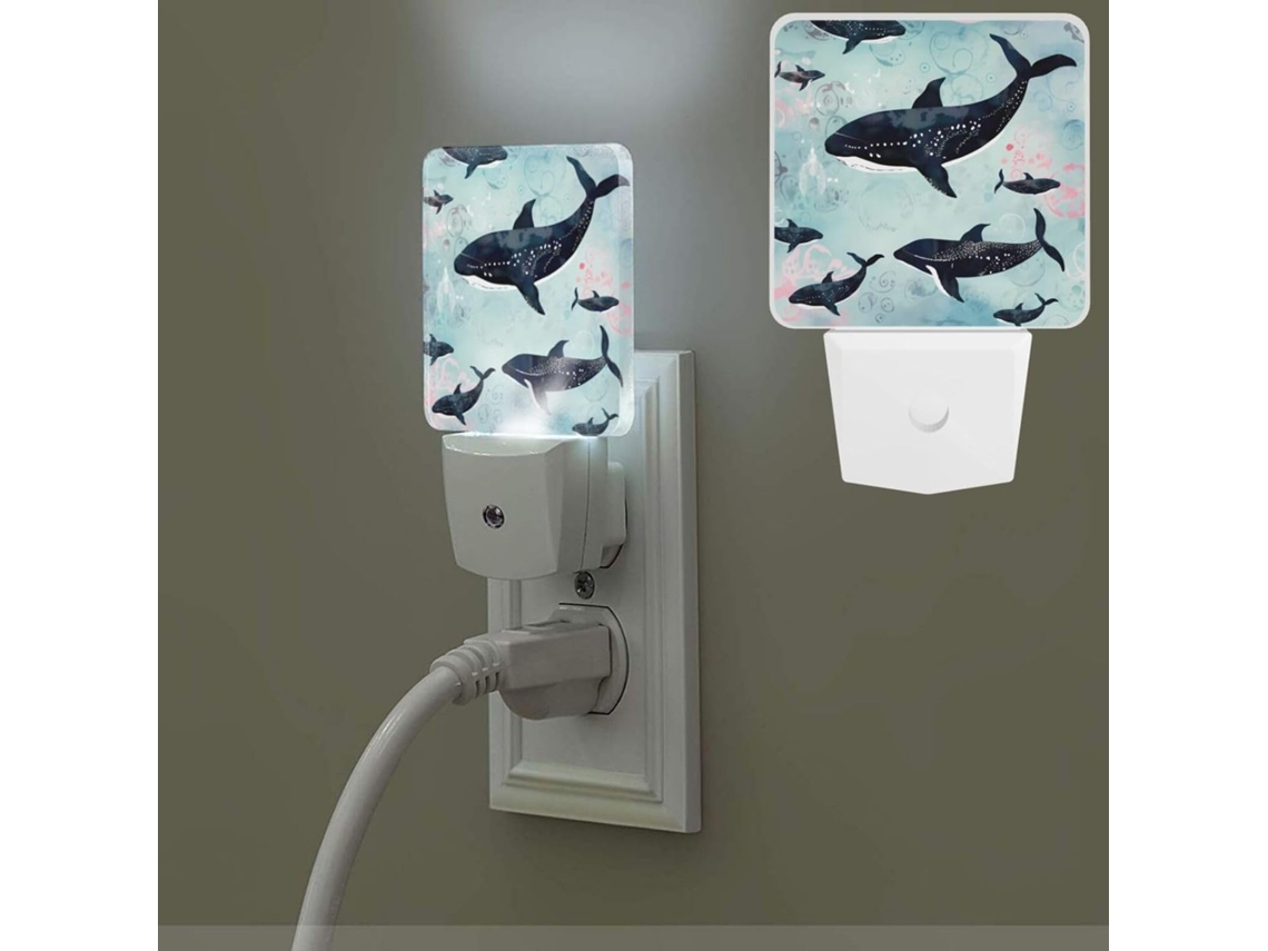Luz noturna Baleia com sensor crepuscular, luz branca quente, luz noturna pequena, luz LED com