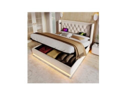 Cama De Casal Estofada 160200 Cm, Material De Algodão Bege, Cama De Armazenamento Hidráulica, Cabeceira Estofada Com Função De Carregamento Usb Tip