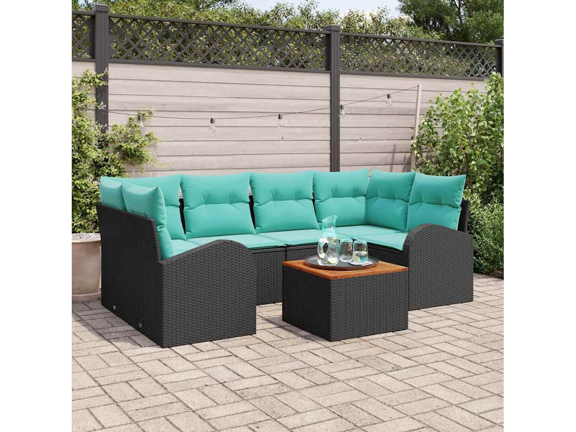 Vidaxl Conjunto De Sofá De Jardim 7 Unid. Preto E Turquesa Vime Pe