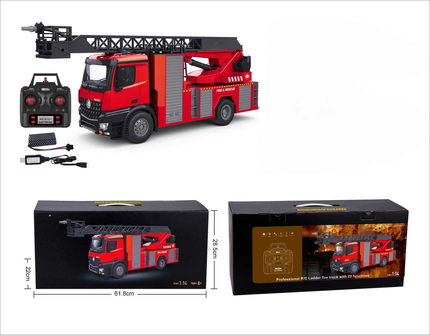 Caminhão de bombeiros controlado remotamente com luzes LED e efeitos sonoros, capaz de lançar água para extinguir incêndios.