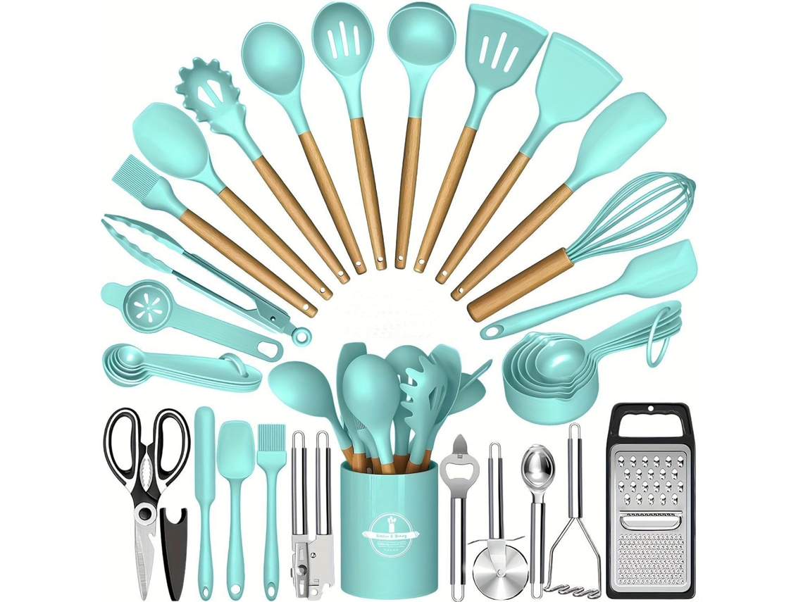 Conjunto De Utensílios Cozinha 45 Peças Com Alças Madeira, Silicone Resistente Ao Calor