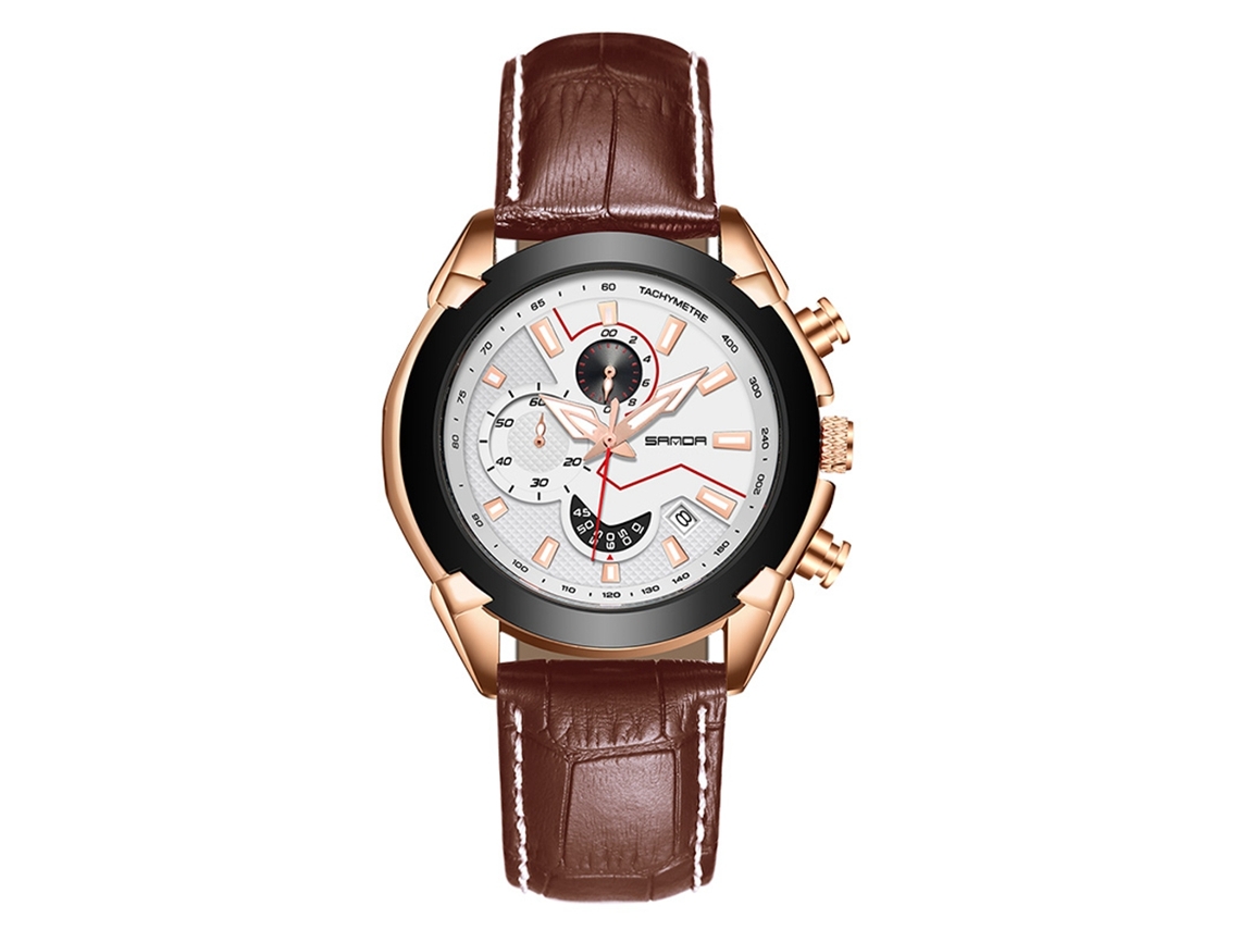 Relógio de Pulso Masculino Casual de Quartzo com Três Olhos Pulseira Marrom Capa Dourada