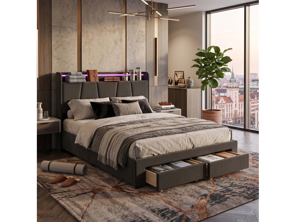 Cama de Casal Elevatória em Linho com Led, Usb e 2 Gavetas, Cinza Escuro, 160x200 Cm LAZYSPACE