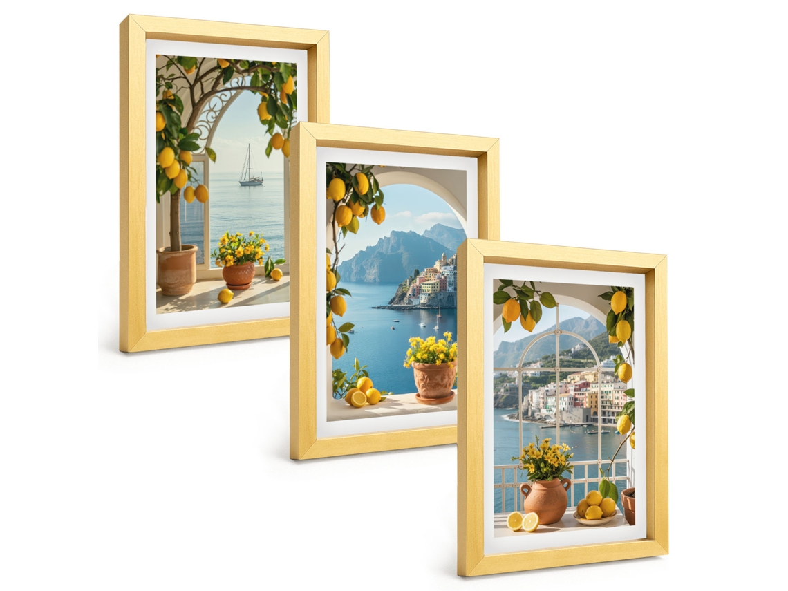 Composição De Quadros Cidade Litorânea, Limões E Flores Espelharte (3 Peças 20x30 Cm)