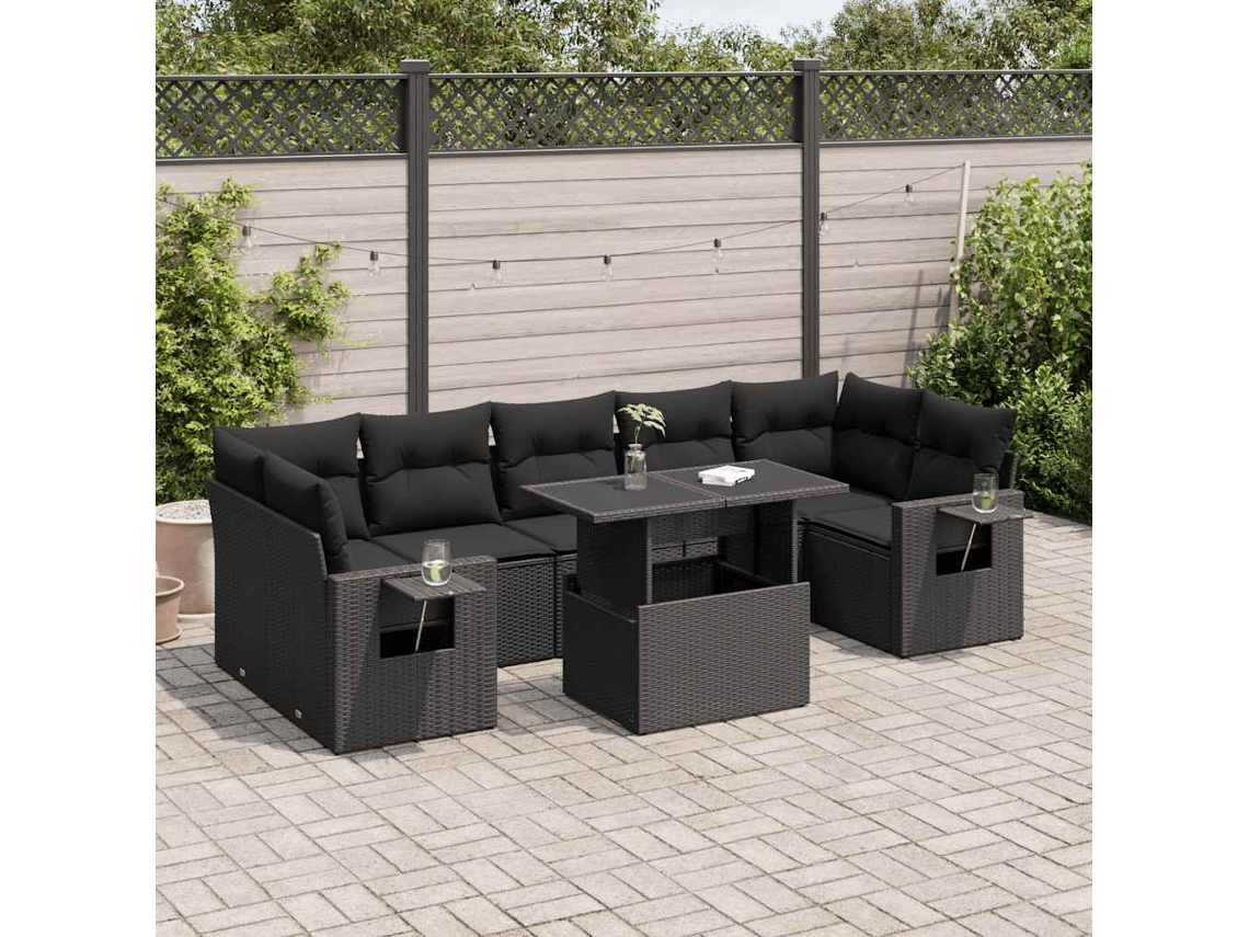 Vidaxl 8 Pcs Conjunto Sofás De Jardim Com Almofadões Vime Pe Preto