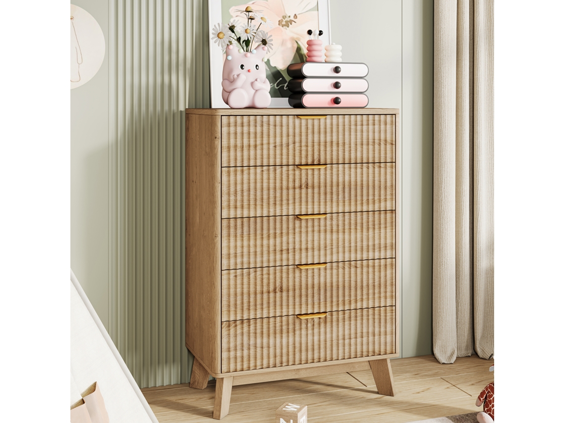Cómoda Com 5 Gavetas, Cómoda Para Quarto, Móvel De Arrumação Em Rattan E Madeira, Armário Com Puxadores E Pés, 73x40x108cm