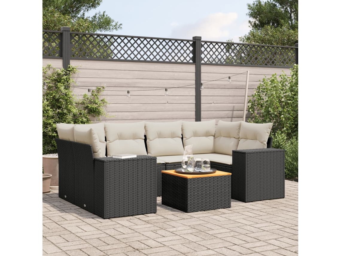 Vidaxl 7 Pcs Conjunto De Sofás P/ Jardim C/ Almofadões Vime Pe Preto