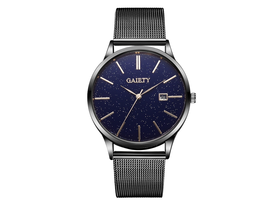 Relógio de pulso masculino casual e moderno em aço inoxidável com mecanismo de quartzo nas cores preto e dourado.