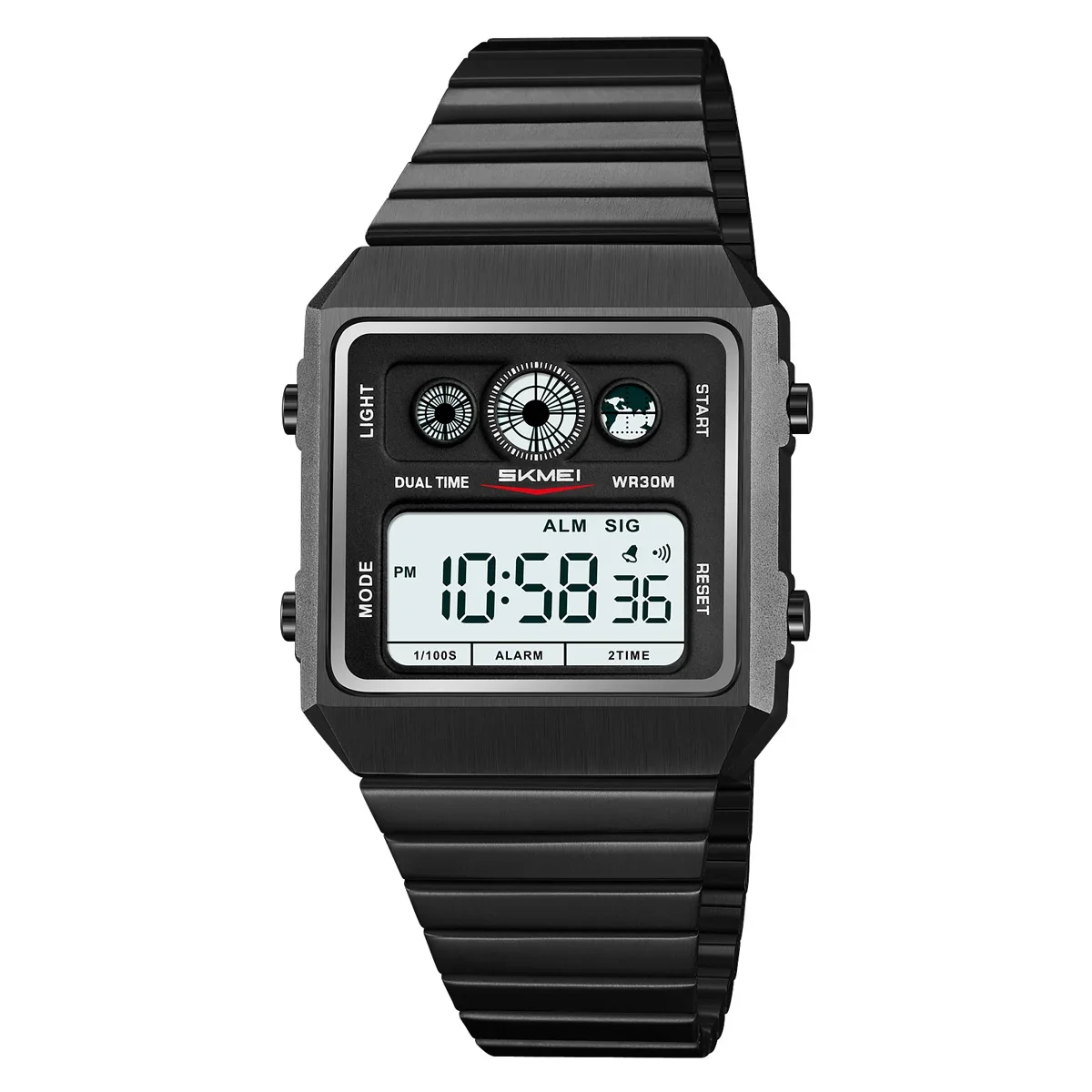 Relógio Masculino Minimalista Digital Quadrado MDUG em Metal Preto com Cronômetro Regressivo e Indicador de Dia