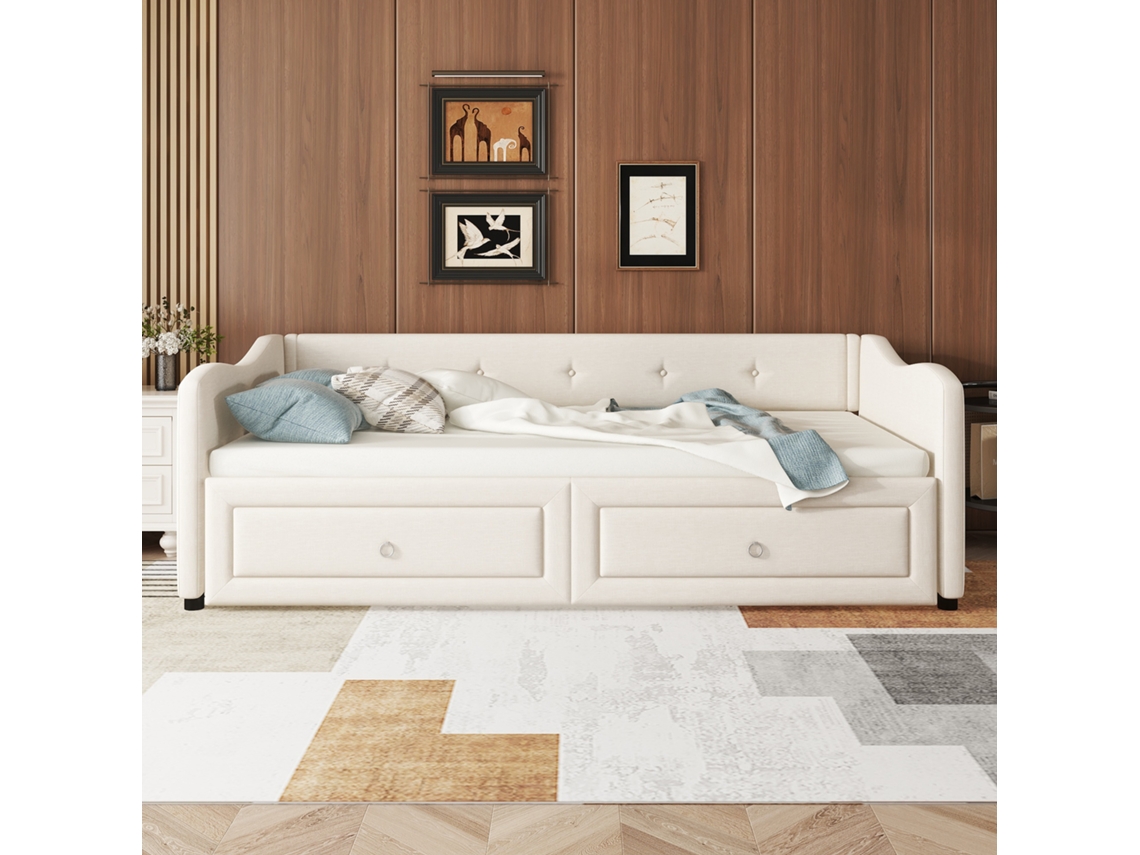 Cama Auxiliar Infantil 90x200 Cm, Sofá-cama Com Cama Extraível E 2 Gavetas, Estilo Minimalista, Linho Bege, Colchão Não Incluído