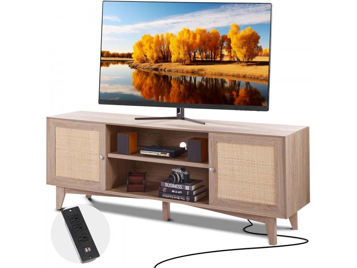 Móvel Para Tv Em Rattan Com Prateleiras, Tomadas Usb E Design Moderno Tekmaquinas