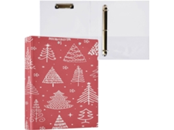 Pasta de Três Argolas, 2,5 Cm, com Prancheta, para Uso Escolar, Capa Dura, Estampa Árvore Natal, Vermelha 27 X